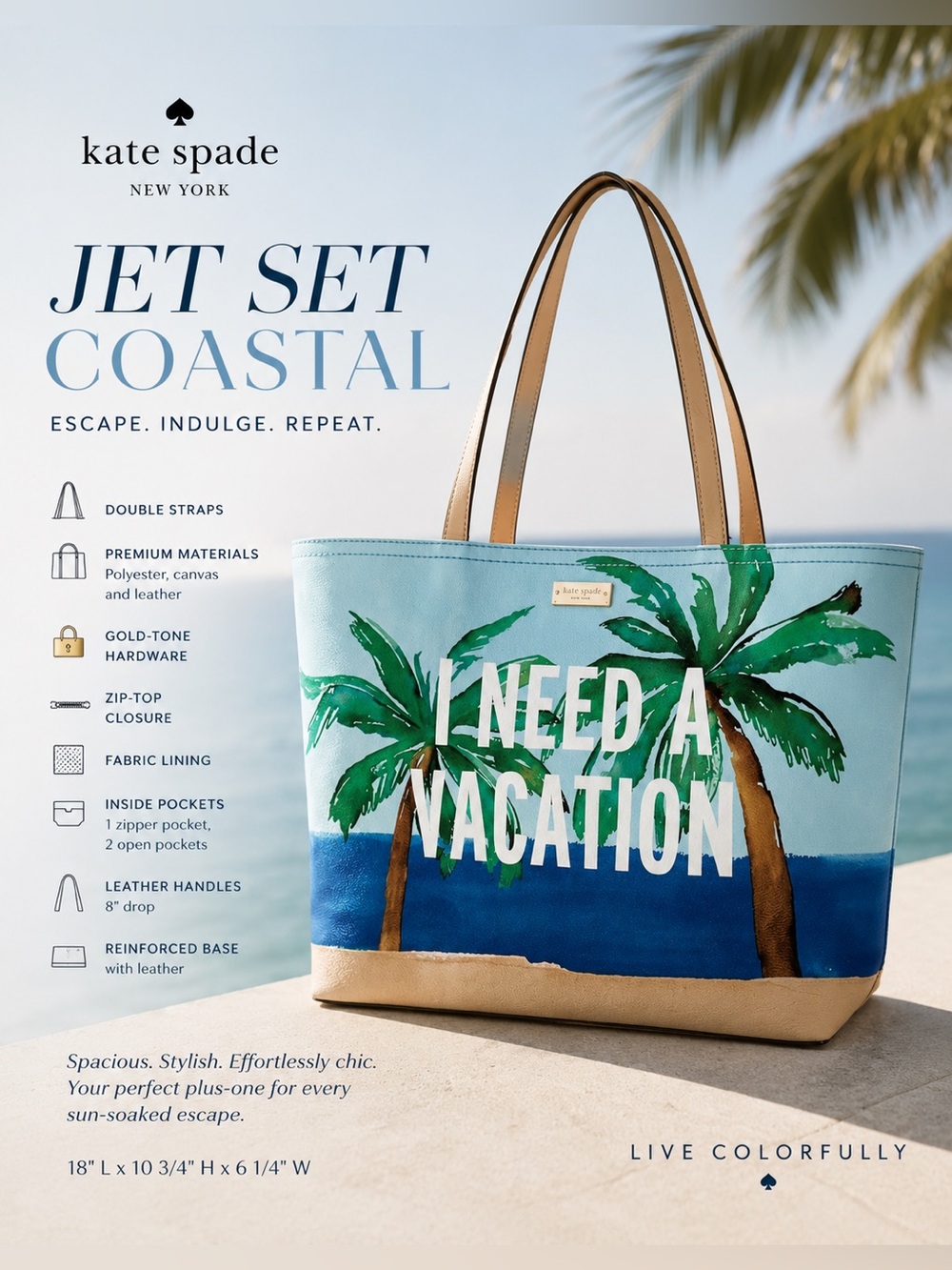 Kate Spade coastal leather large francis tote palm trees * I Need a Vacation *